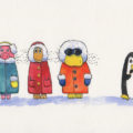 wallpaper - akvarelová ilustrace, zima, sníh, tučňák
